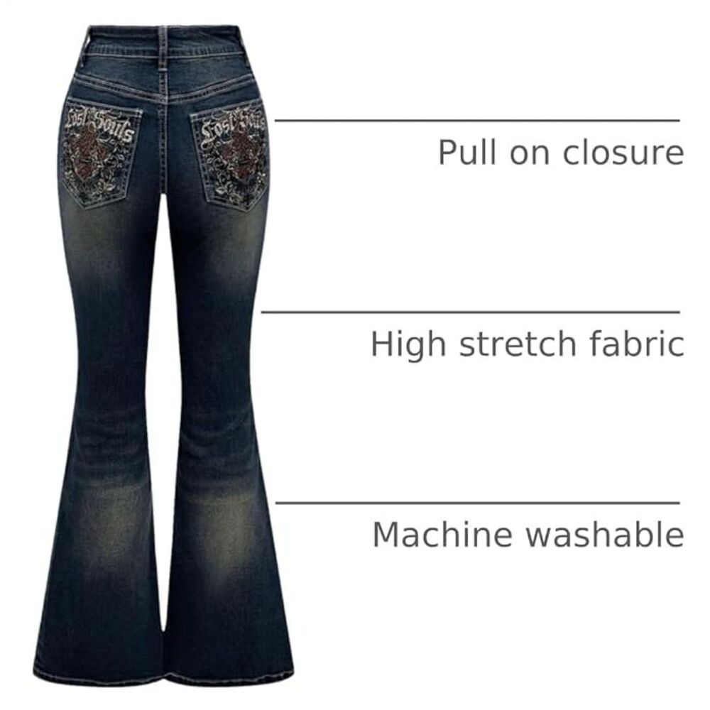 MakeMeChic Blue Y2K Goth Flare Jeans High Waist Stretchy Bell Bottom Embroidered
